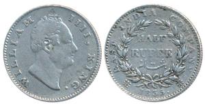 William IV, Silver ½ Rupee, 1835, Calcutta Mint, F incuse, 21 Berries, (Prid 68). Fine+.