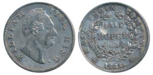 William IV, Silver ½ Rupee, 1835, Calcutta Mint, F raised, 19 Berries, (Prid 70). The mint