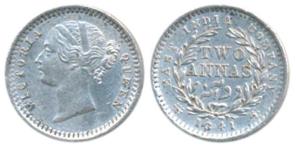 Victoria Queen, Silver 2 Annas, 1841, divided legend, Madras Mint, S incuse WW raised, 9 B