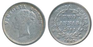 Victoria Queen, Silver 2 Annas, 1841, continuous legend, Madras Mint, English Head, S incu
