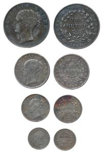 Victoria Queen, set of 4, Silver Rupee, ½, ¼ and 2 Annas, 1840 and 1841, Continuous Legend
