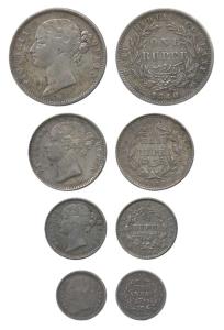 Victoria Queen, set of 4, Silver Rupee, ½, ¼ and 2 Annas, 1840 and 1841, Divided Legend. F