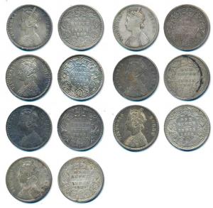 Victoria Queen and Empress, Silver Rupee (7), 1862 (3), 1885, 1888, 1893 and 1901. About V
