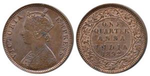 Victoria Empress, Copper ¼ Anna, 1892, Calcutta Mint, (Prid 625). About Uncirculated.