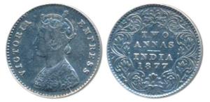 Victoria Empress, Silver 2 Annas, 1877, Calcutta Mint, A / I / No mint mark. Very Fine+.