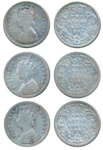 Victoria Empress, Silver 2 Annas (3), 1881, Bombay Mint, B / II / dot, (Prid 524); 1882, B