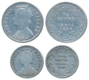 Victoria Empress, Silver 2 Annas (2), 1890, Bombay Mint, B / II / B raised; 1895, Calcutta