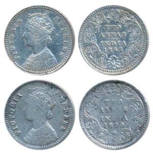 Victoria Empress, Silver ¼ Rupee, 1888, C / II / ’B’ incuse; 2 Annas, 1886, B / II / B inc