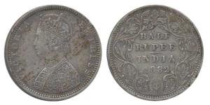 Victoria Empress, Silver ½ Rupee, 1882, Bombay Mint, B2 / II / dot. Very Fine+, Very Rare.
