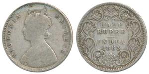 Victoria Empress, Silver ½ Rupee, 1883, Calcutta Mint, A / I / C incuse. Fine+, Very Rare.