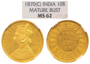 Victoria Queen, Gold Rupees 10, 1870 (Prid 29, KM 479). NGC graded MS62 original strike, E