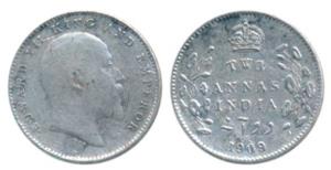 Edward VII, Silver 2 Annas, 1909. Fine+, Rare.