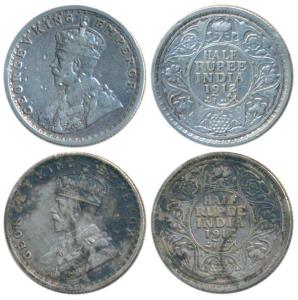 George V, Silver ½ Rupee (2), 1912, Calcutta and Bombay Mints (Prid 319 & 336). Very Fine 