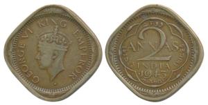 George VI, Cupro-Nickel 2 Annas, 1943, Bombay Mint, 2nd head, Dot before and after the dat