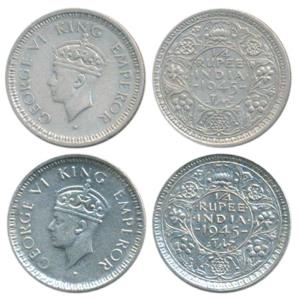 George VI, Half Silver ¼ Rupee (2), 1945, Lahore Mint and Bombay Mint, Large 5. Fine+. (2)