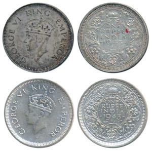 George VI, Half Silver Rupee (2), 1943, Bombay Mint, A / Ia, Large Head & Small 3 in date,