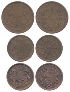Copper 1/12 Anna, 1835, Madras Mint, (Prid 161); 1848, Bombay Mint, (Prid 163); Copper ½ P