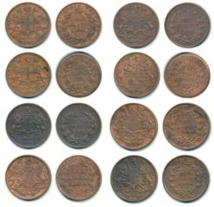 Copper ¼ Anna (8), 1835, Madras Mint, 18 Berries (9L+9R), slanting top to numeral 1, Y of 