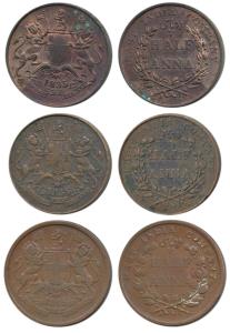 Copper ½ Anna (3), 1835, Bombay Mint, (Prid 131); Madras Mint, A in India aligned, (Prid 1