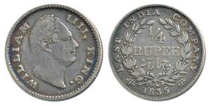 William IV, Silver ¼ Rupee, 1835, Calcutta Mint, Dug out ’F’ incuse, Wreath with 19 Berrie