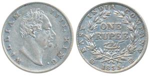 William IV, Silver Rupee, 1835, Calcutta Mint, F incuse, No Dot after F, A / II, Bud leave