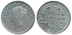 Victoria Queen, Silver 2 Annas, 1841, Continuous Legend, Calcutta Mint, English Head, Cres