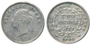 Victoria Queen, Silver 2 Annas, 1841, Continuous Legend, Madras Mint, English Head, S incu