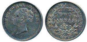 Victoria Queen, Silver 2 Annas, 1841, Continuous Legend, Bombay Mint, English Head, No ini