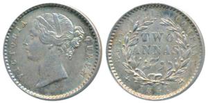 Victoria Queen, Silver 2 Annas, 1841, Divided Legend, Calcutta Mint, WW raised, 9 Berries 