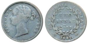 Victoria Queen, Silver 2 Annas, 1841, Divided Legend, Calcutta Mint, Mule, WW raised, rev.