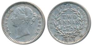 Victoria Queen, Silver 2 Annas, 1841, Divided Legend, Madras Mint, S incuse WW raised, 9 B