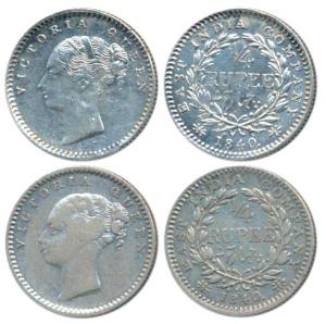 Victoria Queen, Silver ¼ Rupee (2), 1840, Continuous Legend, Calcutta Mint, English Head, 