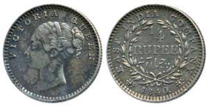 Victoria Queen, Silver ¼ Rupee, 1840, Continuous Legend, Madras Mint, English Head, S incu