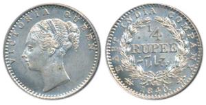 Victoria Queen, Silver ¼ Rupee, 1840, Continuous Legend, Calcutta Mint, Indian head, incus