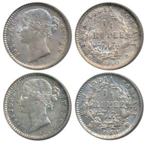 Victoria Queen, Silver ¼ Rupee (2), 1840, Divided Legend, Calcutta / Bombay Mint, WW raise