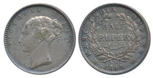 Victoria Queen, Silver ½ Rupee, 1840, Continuous Legend, Calcutta Mint, English Head, 19 B