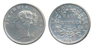 Victoria Queen, Silver ½ Rupee, 1840, Continuous Legend, Calcutta Mint, Indian Head, 19 Be