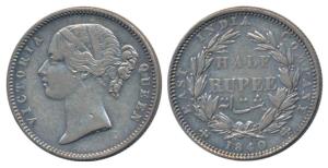 Victoria Queen, Silver ½ Rupee, 1840, Divided Legend, Calcutta / Bombay Mint, WW incuse, 2