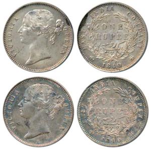 Victoria Queen, Silver Rupee (2), 1840, Divided Legend, Calcutta / Bombay Mint, WW raised,