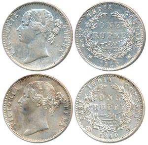 Victoria Queen, Silver Rupee (2), 1840, Divided Legend, Calcutta / Bombay Mint, WW raised,