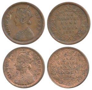 Victoria Queen, Copper ¼ Anna (2), 1862, Calcutta Mint, 4 lace panels in jabot with a sing