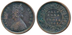 Victoria Queen, Copper ½ Anna, 1862, Calcutta Mint, slanting top to numeral 1 in date, (Pr