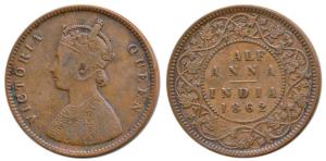 Victoria Queen, Copper ½ Anna, 1862, Calcutta Mint, Bust B, 4 panels in jabot with tiny ’v