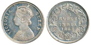 Victoria Queen, Silver ¼ Rupee, 1862, Calcutta Mint, A / I / No mint mark, (Prid 376). Nic