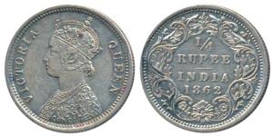 Victoria Queen, Silver ¼ Rupee, 1862, Bombay Mint, A / I / No mint mark, obv. legends with