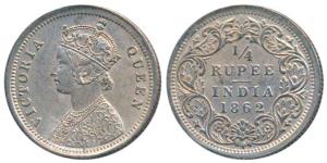 Victoria Queen, Silver ¼ Rupee, 1862, Madras Mint, A / I / No mint mark, inverted numeral 