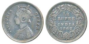 Victoria Queen, Silver ¼ Rupee, 1862, Madras Mint, A / I / No mint mark, inverted numeral 