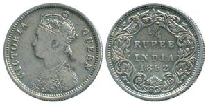 Victoria Queen, Silver ¼ Rupee, 1862, Madras Mint, A / I / No mint mark, numeral 1 replace