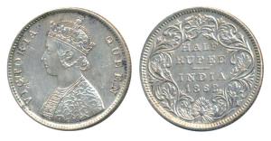 Victoria Queen, Silver ½ Rupee, 1862, Calcutta Mint, C / II, obv. as Wyon’s Design, (Prid 