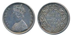 Victoria Queen, Silver ½ Rupee, 1862, Calcutta Mint, C / II, obv. as Wyon’s Design, (Prid 